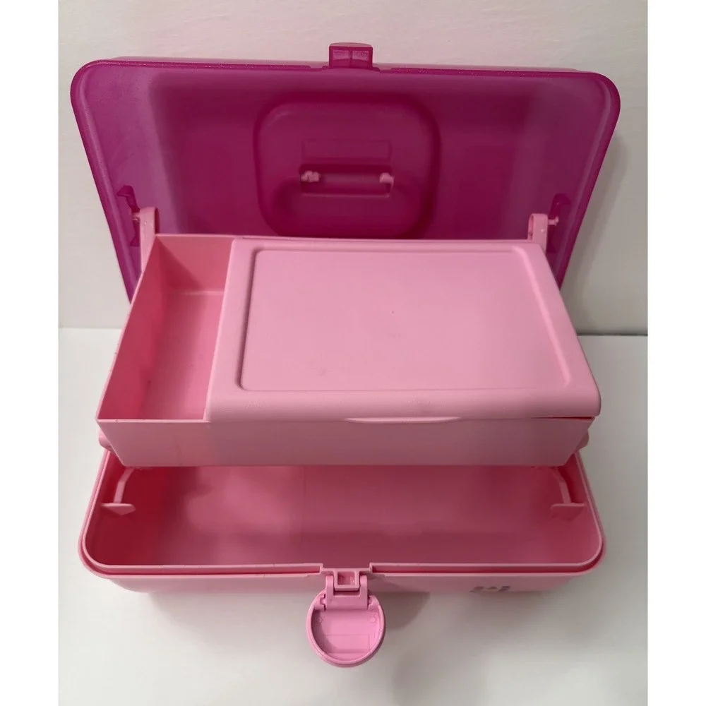 Vtg Caboodles Makeup Organizer Carrying Travel Case Pink Two Tier Mirror Tray
